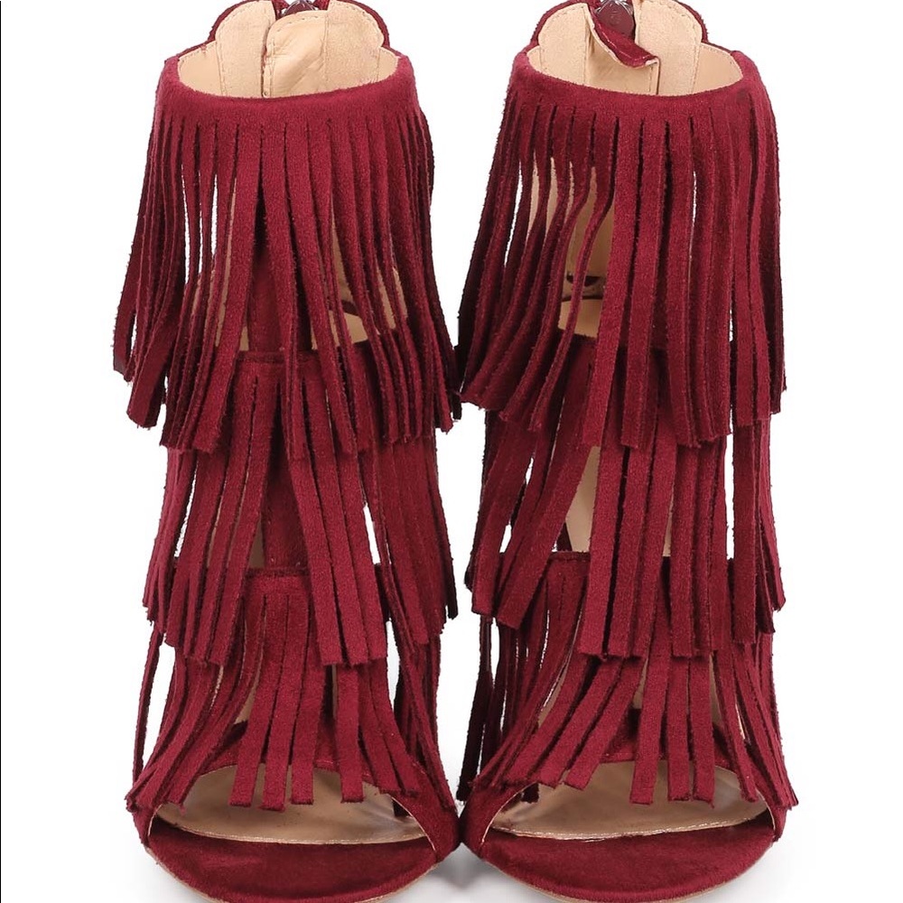 Burgundy Suede Fringe Heels